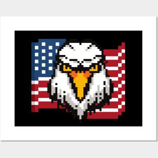 Bald Eagle and American Flag USA Patriotic Pixel Art Posters and Art